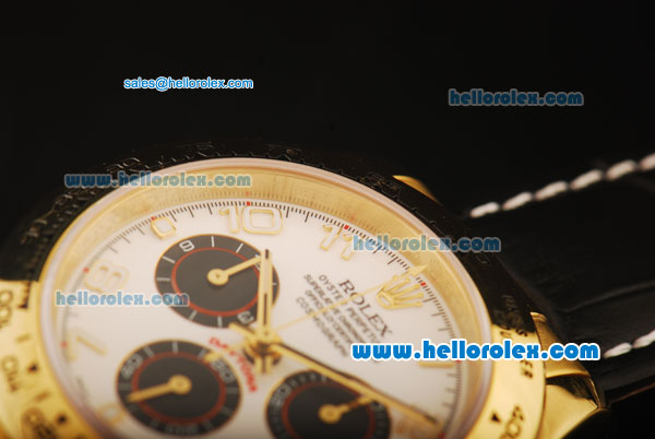 Rolex Daytona Chronograph Swiss Valjoux 7750 Automatic Movement Gold Case with White Dial and Black Leather Strap - Click Image to Close